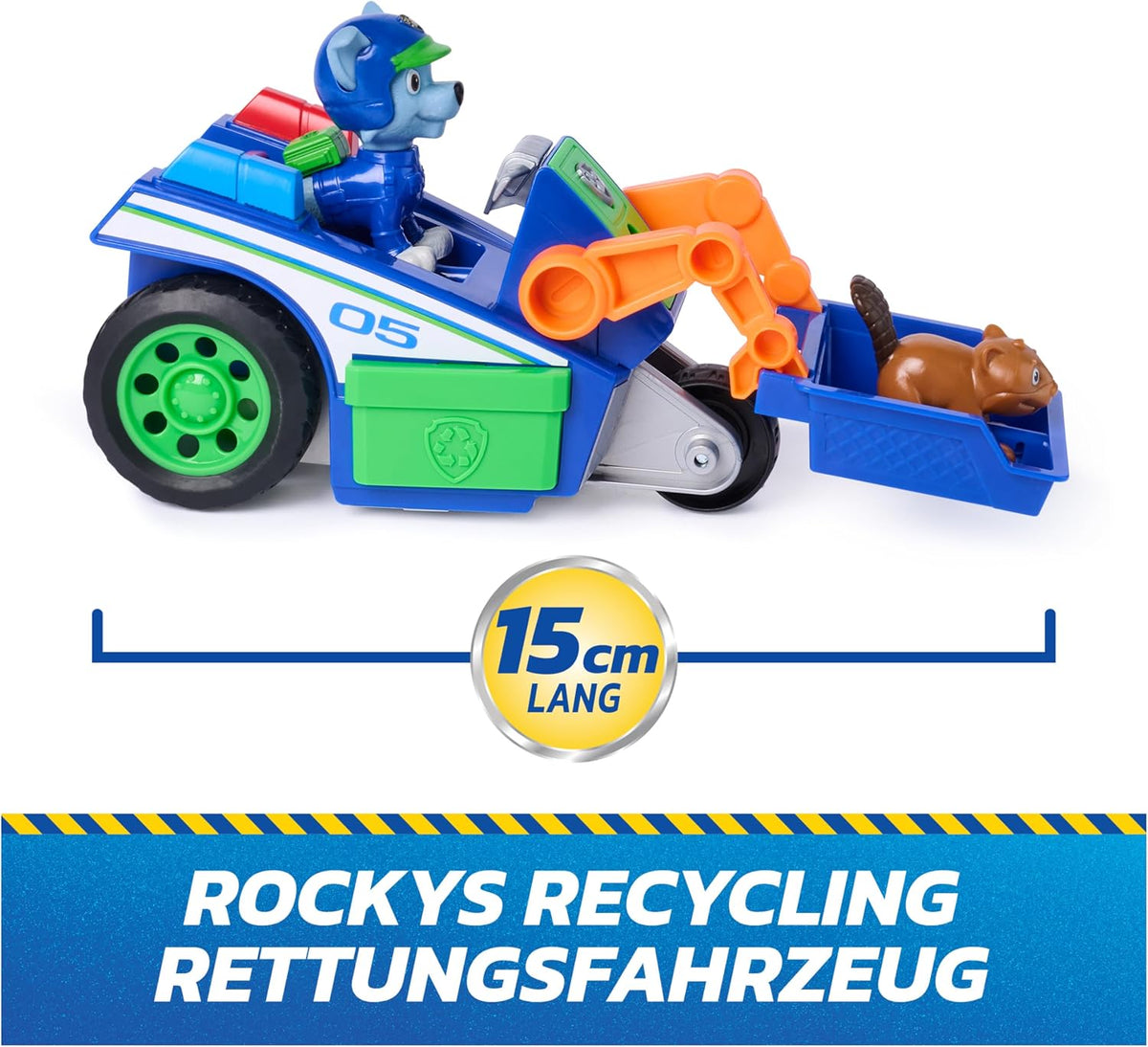 Paw Patrol: Search & Rescue, vehículo de Reciclaje y Rescate de Rocky con 2 Figuras, vehículo de Juguete con función de propulsión, Juguetes para niños y niñas a Partir de 3 años