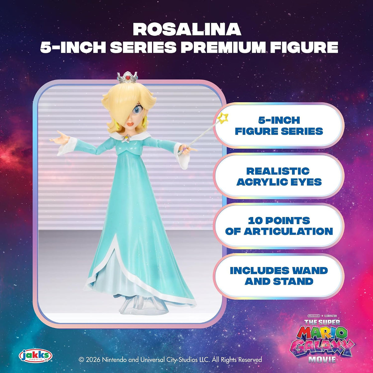 Jakks Pacific Super Mario Galaxy Movie Figura Rosalina 5 Pulgadas con Varita y Base Transparente, 10 Puntos de Articulación, Ojos Acrílicos, Coleccionable, +3 Años
