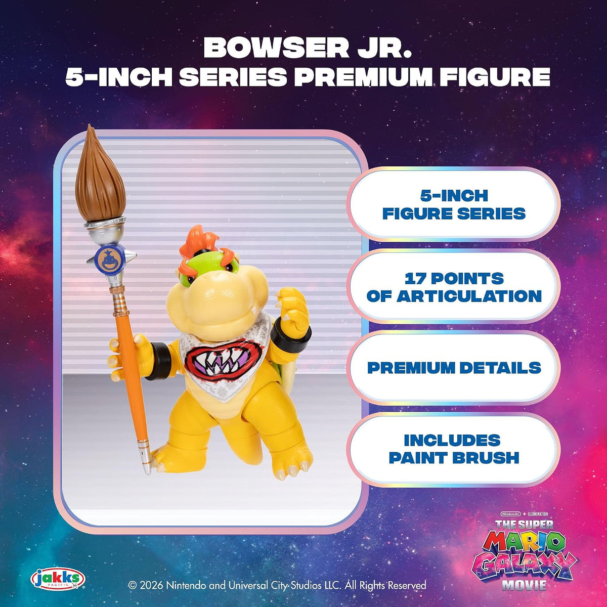Jakks Pacific Super Mario Galaxy Movie Figura Bowser Jr. 5 Pulgadas con Pincel, 17 Puntos de Articulación, Coleccionable, +3 Años
