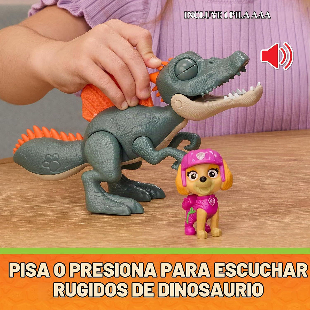 Paw Patrol: The Dino Movie, Incluye Juguete de Dinosaurio articulado de espinosaurio de 12,7 cm con Sonidos y Figura de acción de Skye, Juguetes para niños y niñas preescolares, a Partir de 3 años