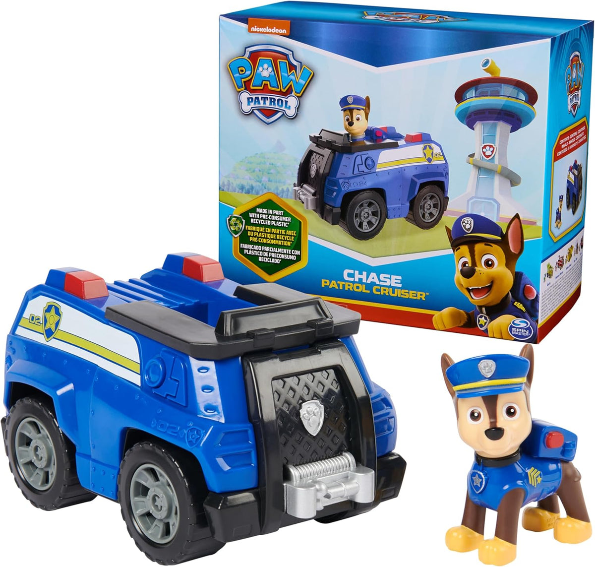 Paw Patrol, Chase's Patrol Cruiser, Coche de Juguete con Figura de acción Coleccionable, Juguetes para niños de Mente sostenible para niños y niñas a Partir de 3 años