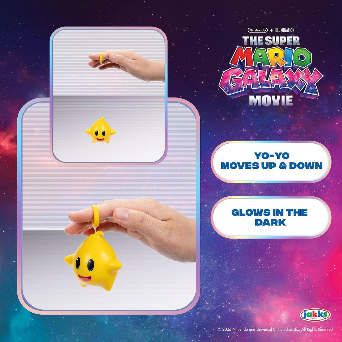 Jakks Pacific Super Mario Galaxy Movie Set 3 Luma Star Yo-Yo Azul, Verde y Amarillo, Brillan en la Oscuridad, Retráctiles, +3 Años