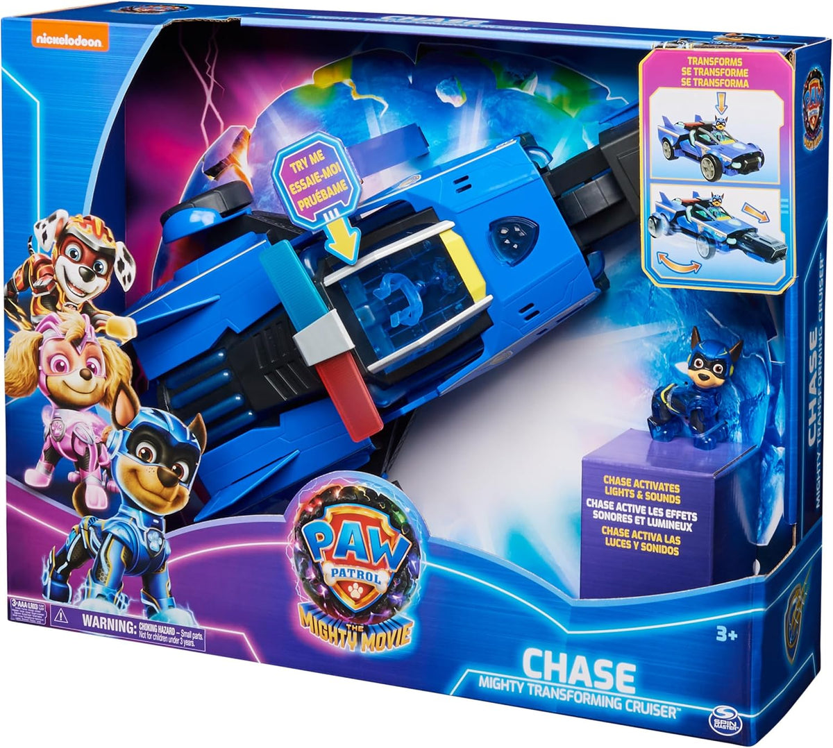 Paw Patrol: La Superpelícula, Vehículo de Lujo con Figura de acción de Chase de los Mighty Pups, Luces y Sonidos