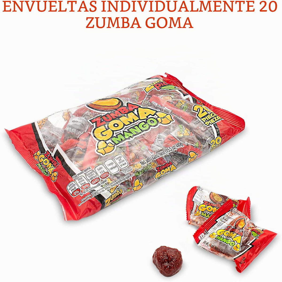 Zumba Goma Mango Goma Cubierta de Dulce Artificial de Tamarindo, Sabor de caramelo Gomita Sabor Mango Cubierta de Dulce Artificial de Tamarindo, 1 bolsa de 1 lb
