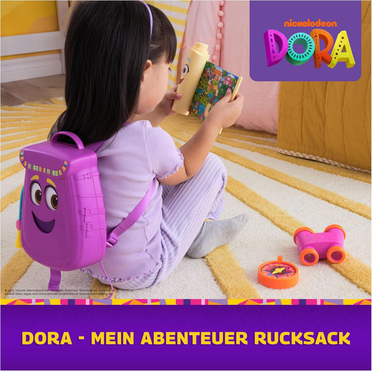 Dora, Mi Mochila de Aventuras, con Accesorios de exploración‚ un Mapa desplegable y una brújula y Unos prismáticos de Juguete, Juguetes para niñas y niños a Partir de 3 años