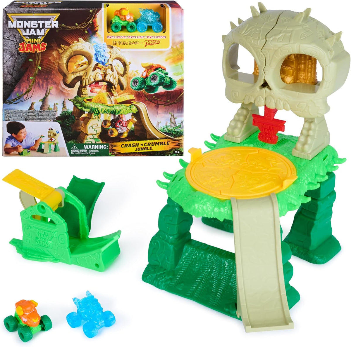 Monster Jam Mini Jams Skull Escape Crash & Crumble Playset con 2 camionetas Monster Truck Die-Cast exclusivas El Toro Loco y Dragon, Juguetes para niños y niñas de 3 años en adelante