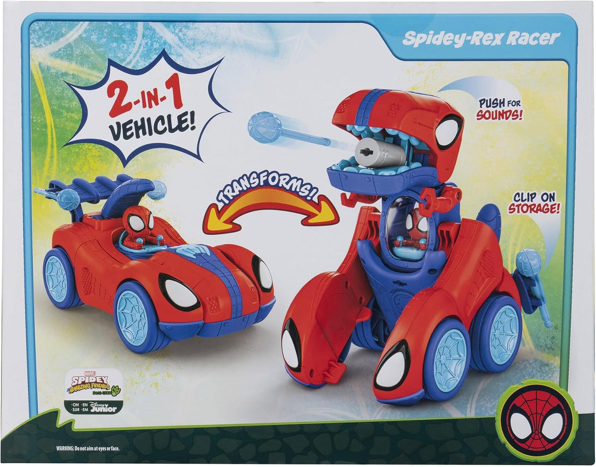 Marvel Spidey and His Amazing Friends Spidey-Rex Racer - Vehículo de 8 Pulgadas con Sonidos Que se transforma de vehículo en Dinosaurio