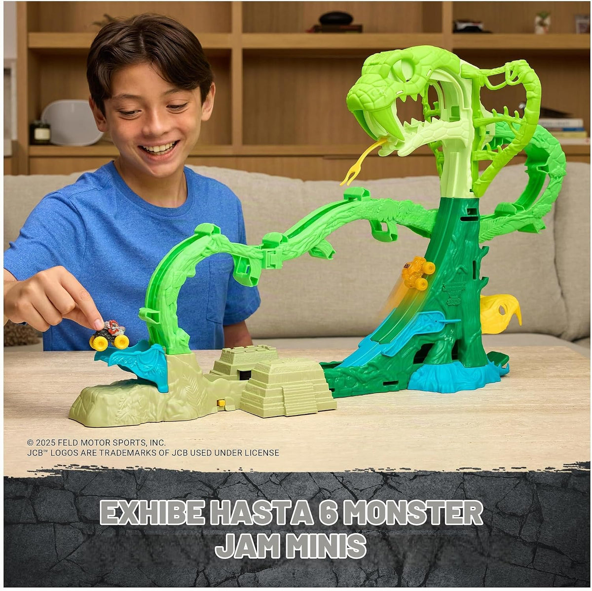 Monster Jam Mini Jams, Cobra's Crazy Escape, Set de Juego motorizado de 71,1 cm, 2 Camiones Monstruo metálicos ThunderROARus y JCB Digatron, Juguetes para niños y niñas a Partir de 3 años