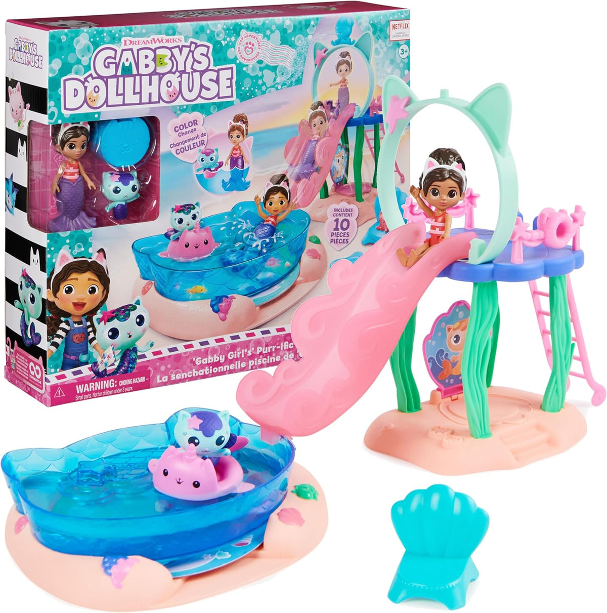 Gabby´s Dollhouse, Alberca Gatástica con Las Figuras de Gabby y Gatirena, Colas de Sirena Que cambian de Color y Accesorios de Piscina