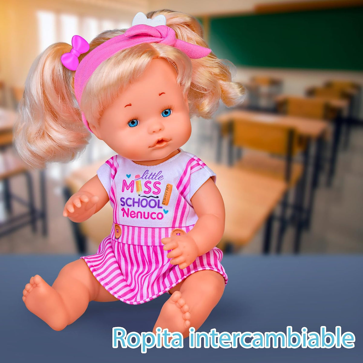 Nenuco - Peinaditos para el Cole, muñeco bebé Cuerpo Duro de 35 cm, de Pelo Rubio y Largo, para hacerle Peinados Diferentes, Muchos Accesorios como trenzador, Desde 2 años, Famosa