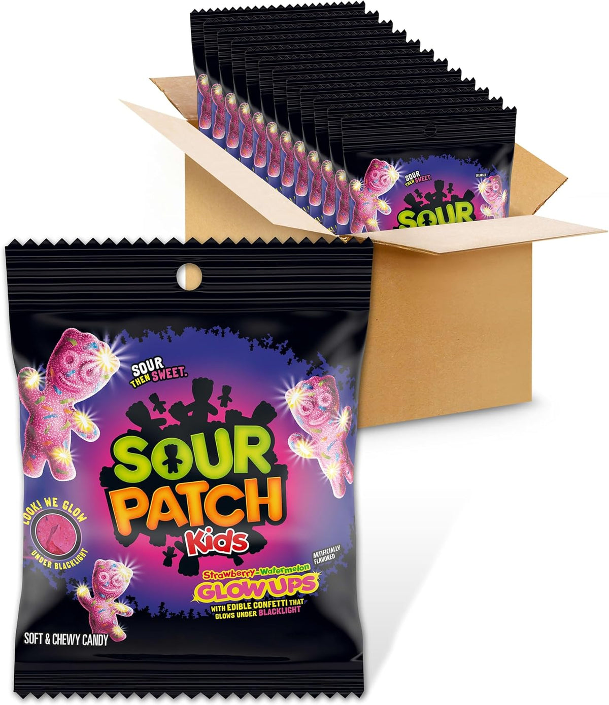 Sour Patch Kids Glow Ups Fresa Sand?a X 12 | Brilla Bajo la Luz Negra