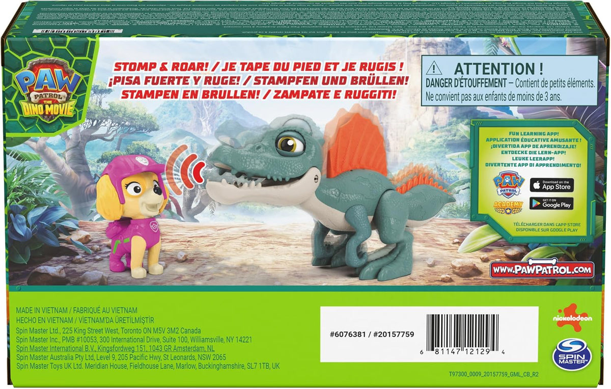 Paw Patrol: The Dino Movie, Incluye Juguete de Dinosaurio articulado de espinosaurio de 12,7 cm con Sonidos y Figura de acción de Skye, Juguetes para niños y niñas preescolares, a Partir de 3 años