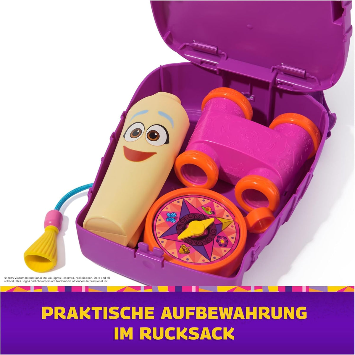 Dora, Mi Mochila de Aventuras, con Accesorios de exploración‚ un Mapa desplegable y una brújula y Unos prismáticos de Juguete, Juguetes para niñas y niños a Partir de 3 años