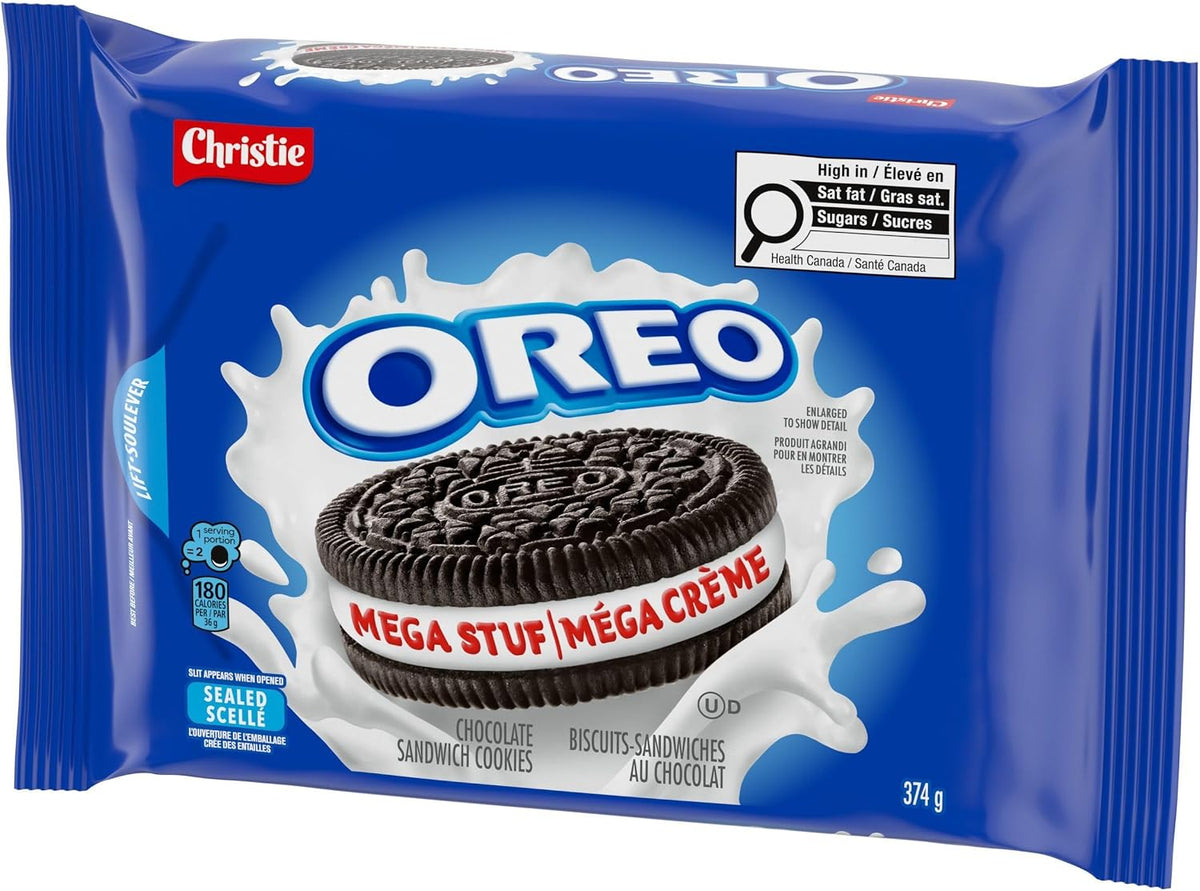 Oreo- Galletas Mega Stuf, 374 g/13,2 oz, triple de crema, chocolate