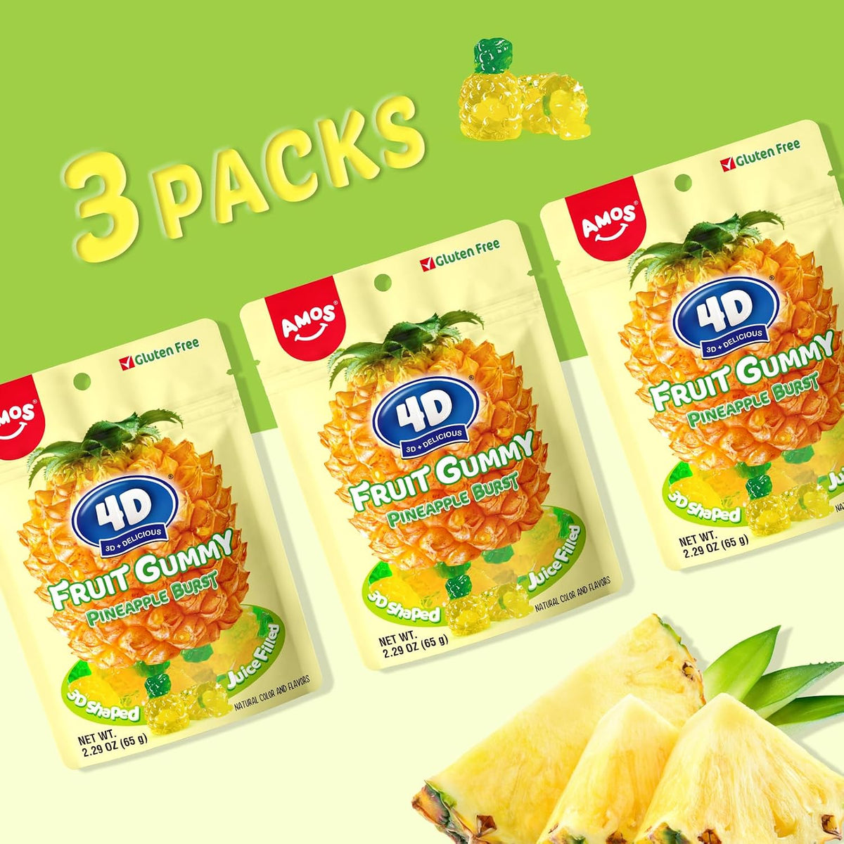 Amos Gomitas de Frutas en 4D, Gomitas de Frutas, Bocadillos de Piña, Bolsa Resellable de 2,29 Oz, Sabor Natural, C 2,29 Onzas (Paquete de 3)
