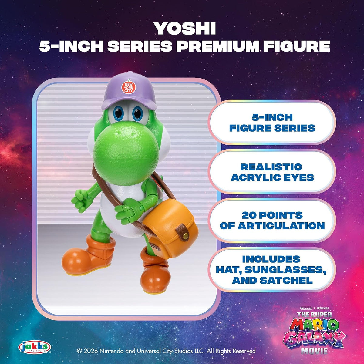 Jakks Pacific Super Mario Galaxy Movie Figura Yoshi 5 Pulgadas con Sombrero, Lentes y Bolsa, 20 Puntos de Articulación, Coleccionable, +3 Años