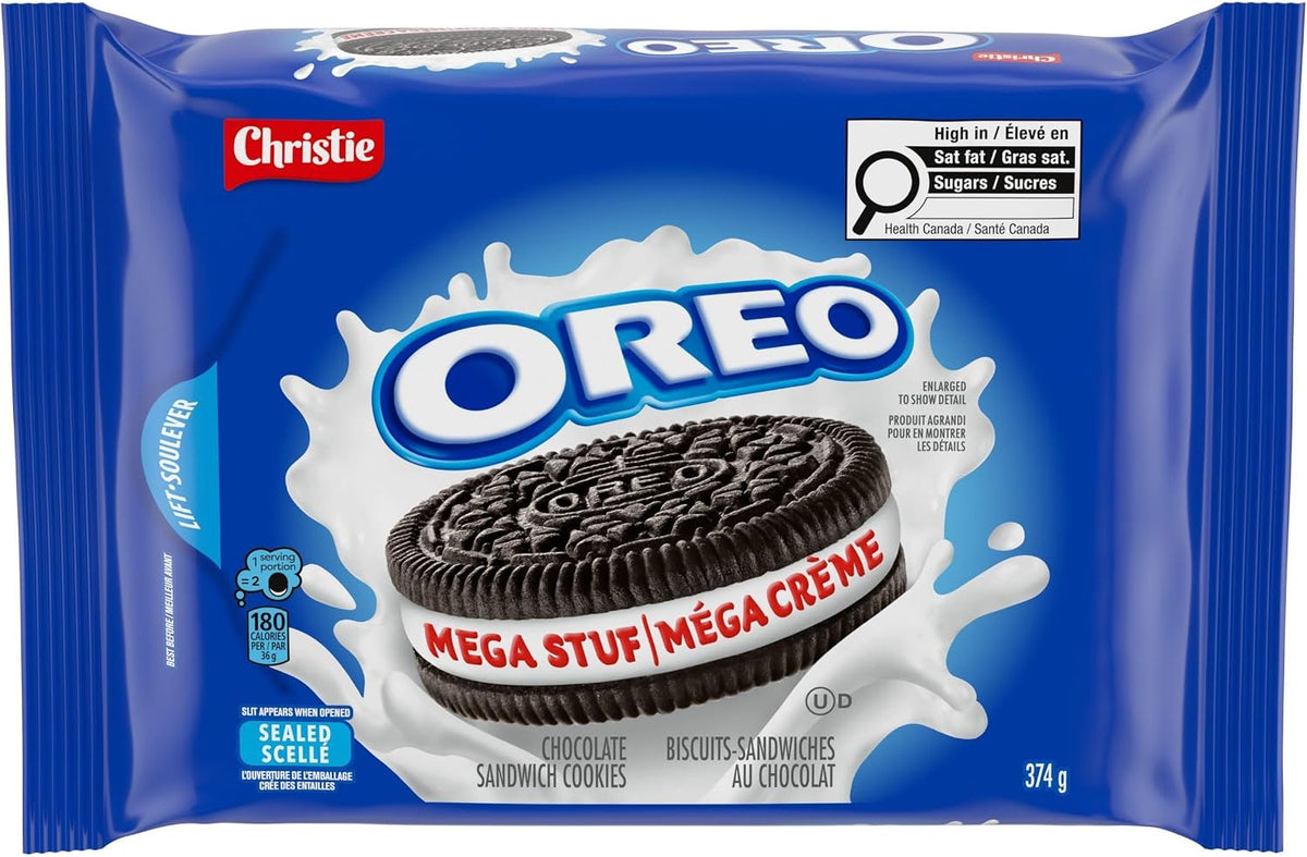 Oreo- Galletas Mega Stuf, 374 g/13,2 oz, triple de crema, chocolate