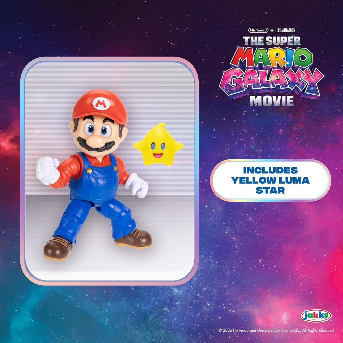 Jakks Pacific Super Mario Galaxy Movie Figura Mario 5 Pulgadas con Estrella Luma Que Brilla en la Oscuridad, 22 Puntos de Articulación, Ojos Acrílicos, Coleccionable, +3 Años