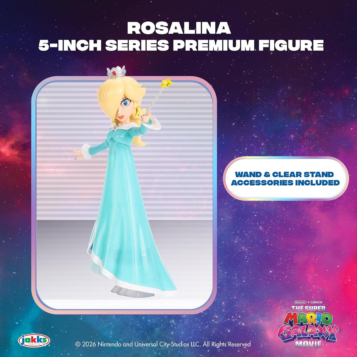 Jakks Pacific Super Mario Galaxy Movie Figura Rosalina 5 Pulgadas con Varita y Base Transparente, 10 Puntos de Articulación, Ojos Acrílicos, Coleccionable, +3 Años