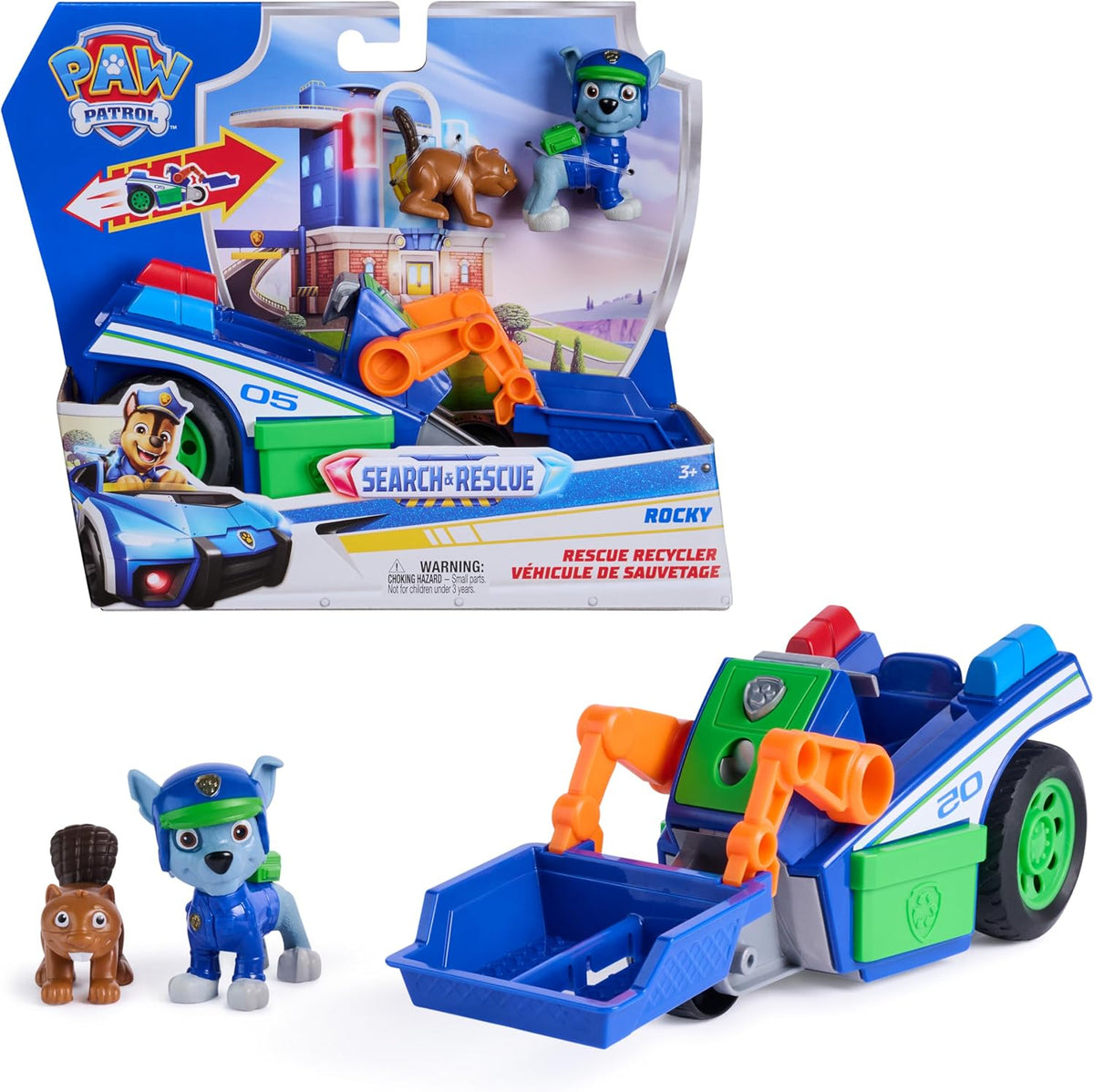 Paw Patrol: Search & Rescue, vehículo de Reciclaje y Rescate de Rocky con 2 Figuras, vehículo de Juguete con función de propulsión, Juguetes para niños y niñas a Partir de 3 años