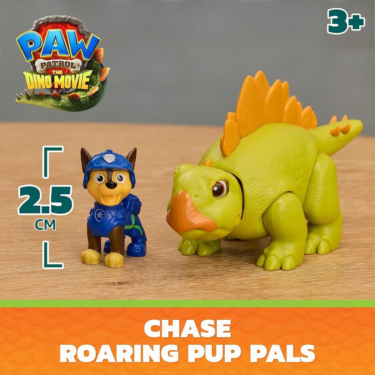 Paw Patrol: The Dino Movie, Incluye Juguete de Dinosaurio estegosaurio articulado de 10,1 cm con Sonidos y Figura de acción de Chase, Juguetes para niños y niñas preescolares, a Partir de 3 años