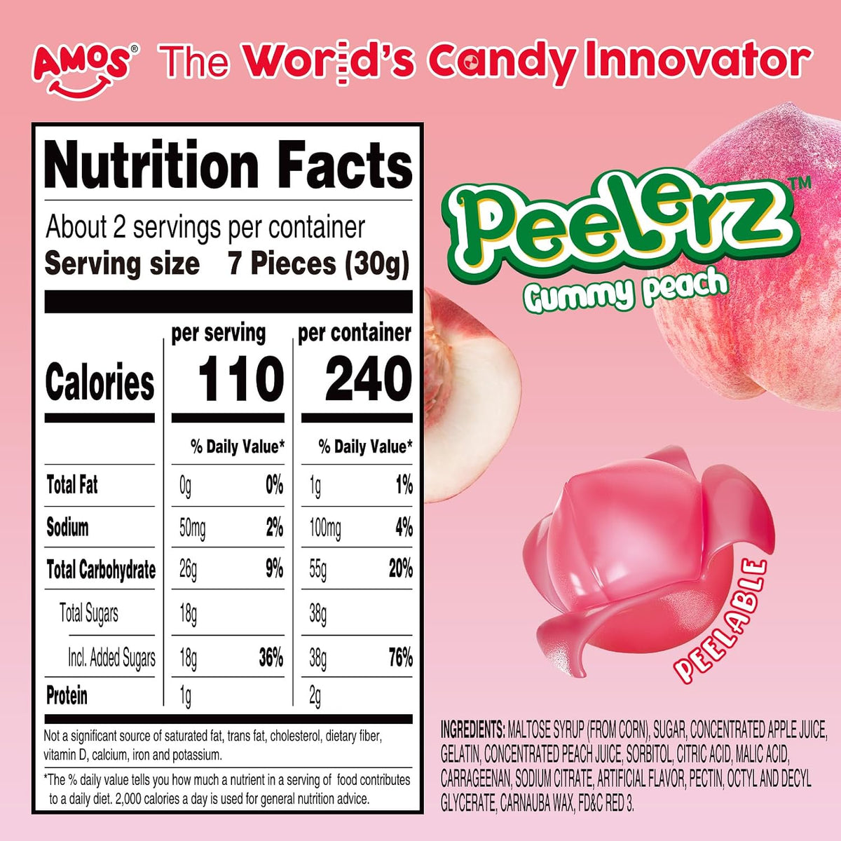 Amos Caramelos de goma Peelerz de durazno, bocadillos de fruta pelables, bolsa resellable de 56 g (paquete de 3)