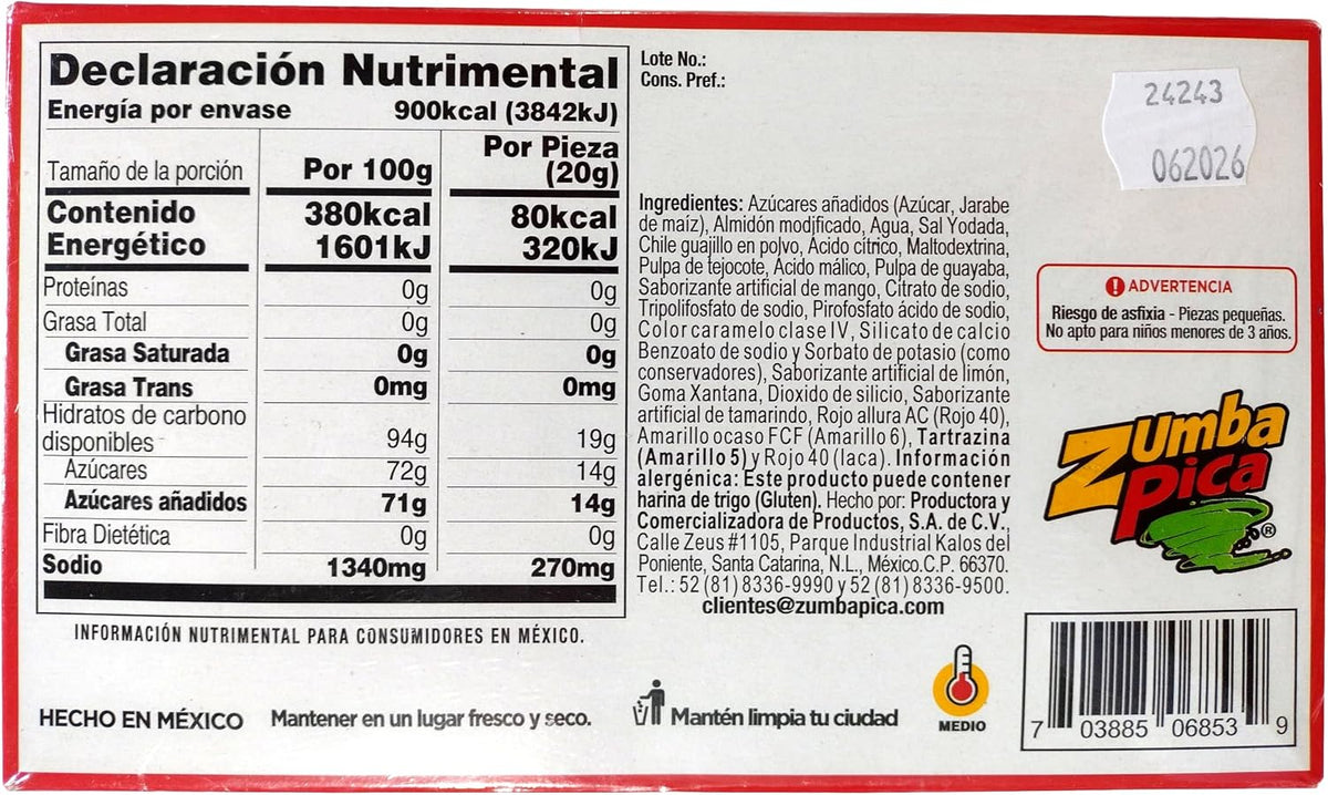 Zumba Pica Zumba Roll Mango - Caramelo suave sabor tamarindo y mango artificial - 12 piezas - 240 g