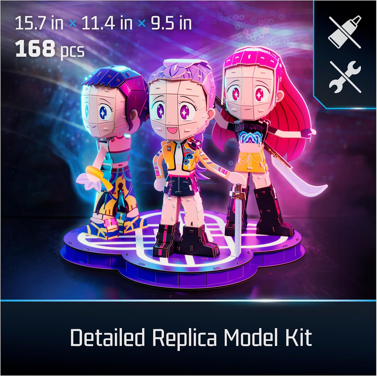 4D Build, KPOP Demon Hunters HUNTR/X Chibi 3D Puzzle, Rumi, Zoey & Mira with HUNTR/X Logo, KPOP Demon Hunters Collectible Model Kit, Desk Décor & Display Piece for Fans, 168 Pieces, for Ages 12 & Up