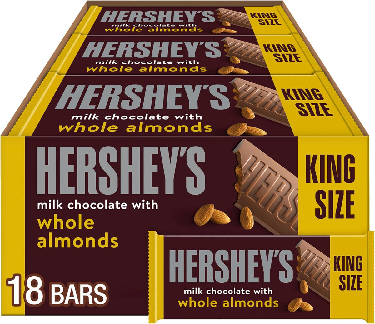HERSHEY'S Chocolate Candy Bars with Almonds, King Size (Pack of 18)