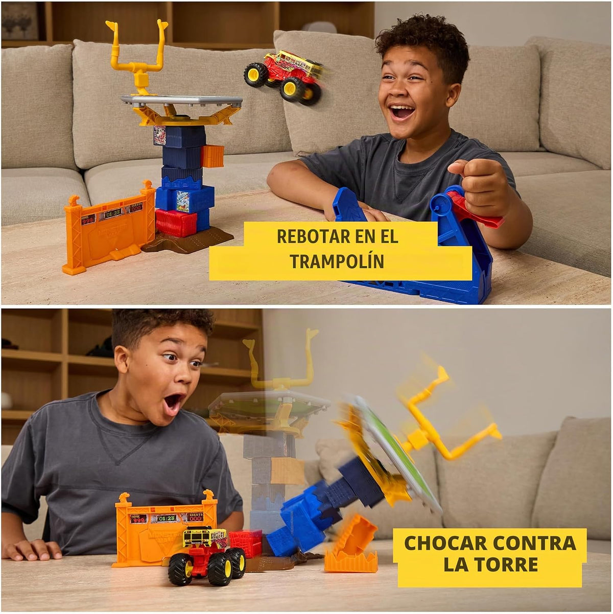 Pista Monster Jam Smash & Bash Crash Course con Lanzador, camioneta Monster Truck Exclusiva 1:64, Torre de obstáculos de 16 Pulgadas con trampolín, Juguete para niños y niñas de 3 años en adelante