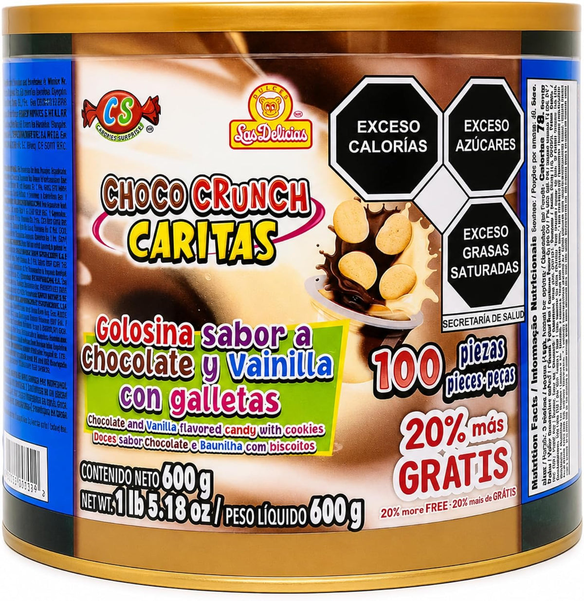 Las Delicias Choco Crunch Caritas, Golosina Sabor a Chocolate, 100 Piezas