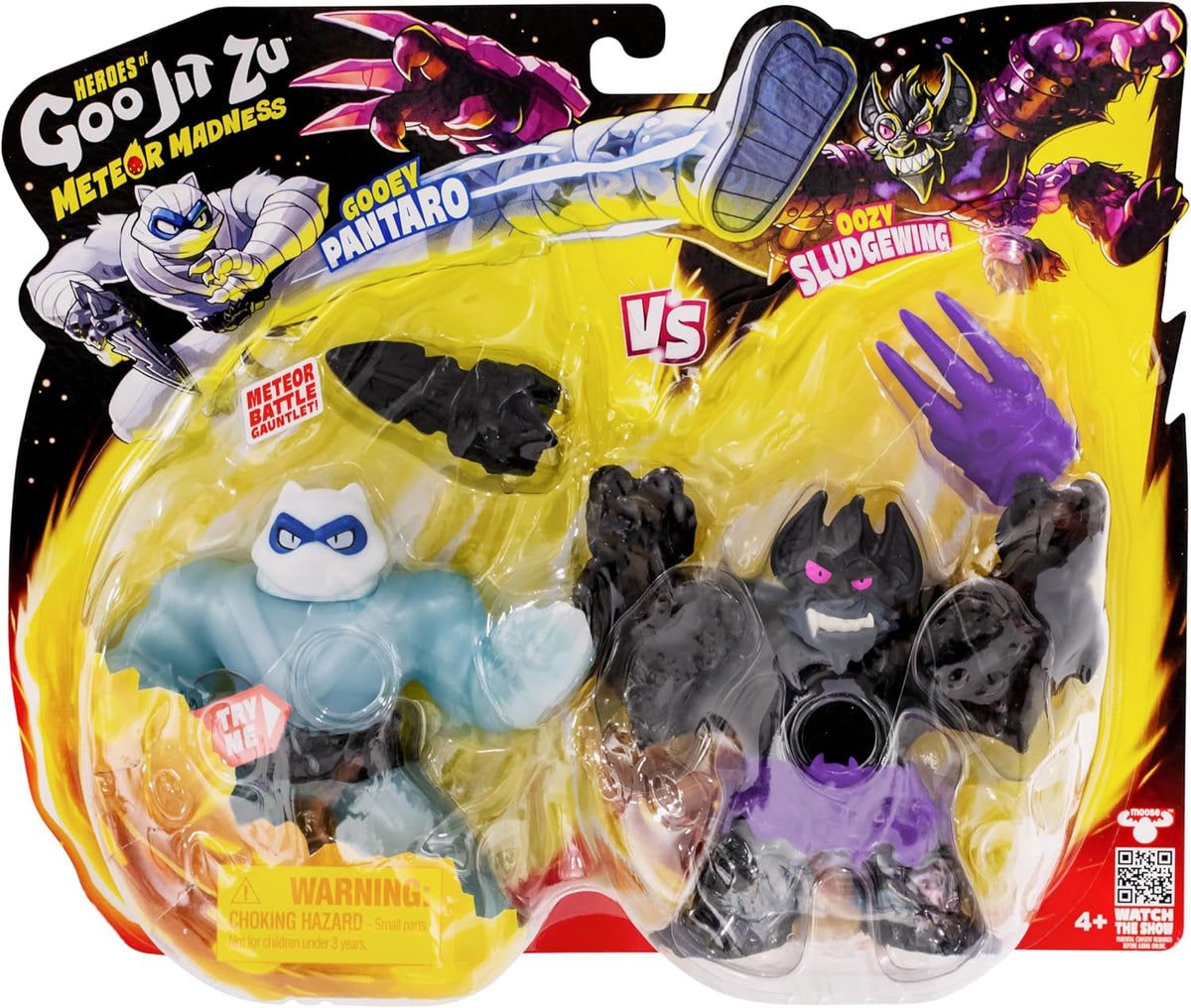Heroes of Goo Jit Zu Goojitzu - Meteor Madness Pantaroo vs Sludgewing - Pack de 2 Figuras Elásticas con Accesorios - Muñecos Estirables para Niños - Ideal para Regalo