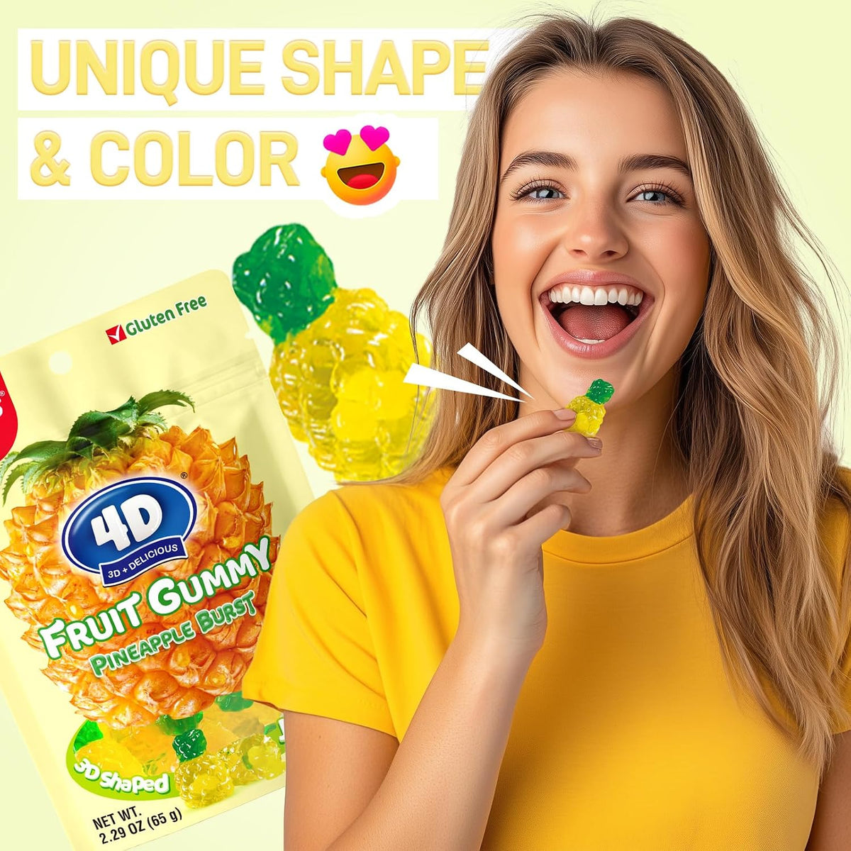 Amos Gomitas de Frutas en 4D, Gomitas de Frutas, Bocadillos de Piña, Bolsa Resellable de 2,29 Oz, Sabor Natural, C 2,29 Onzas (Paquete de 3)