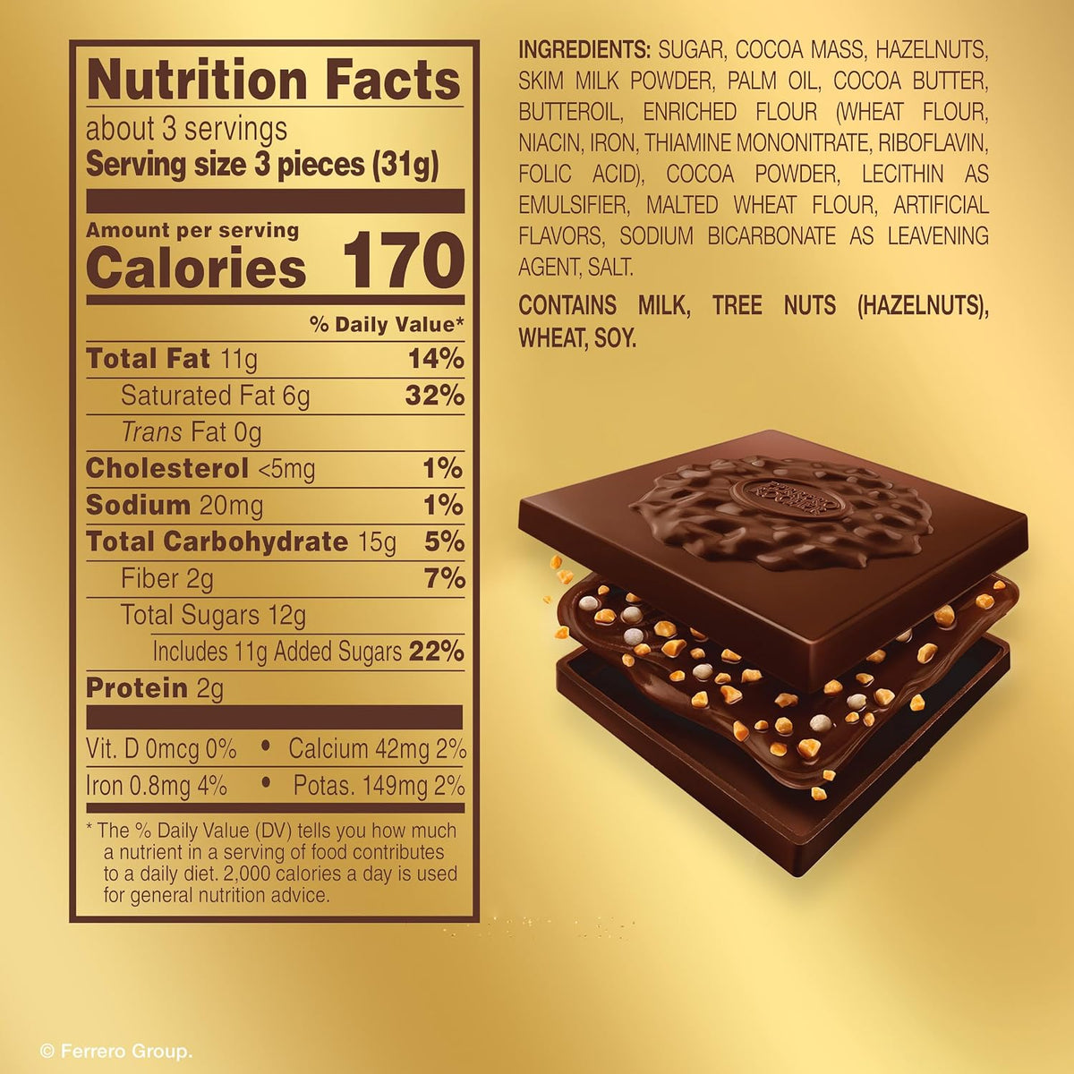 Ferrero Rocher, Cuadros de Chocolate Obscuro Rellenos de Avellana, Paquete de 10 Piezas