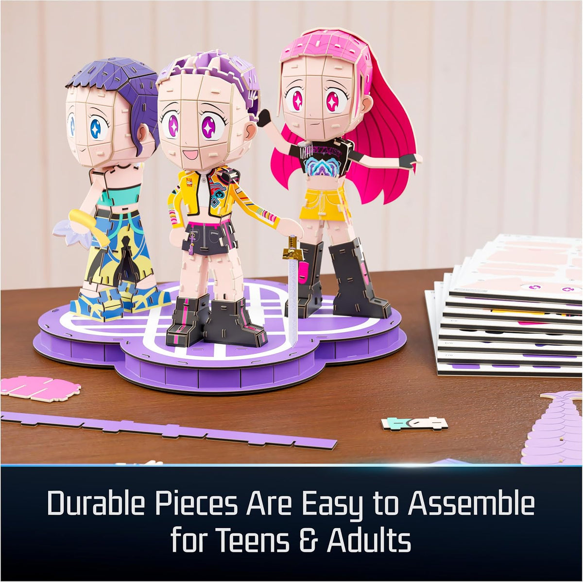4D Build, KPOP Demon Hunters HUNTR/X Chibi 3D Puzzle, Rumi, Zoey & Mira with HUNTR/X Logo, KPOP Demon Hunters Collectible Model Kit, Desk Décor & Display Piece for Fans, 168 Pieces, for Ages 12 & Up