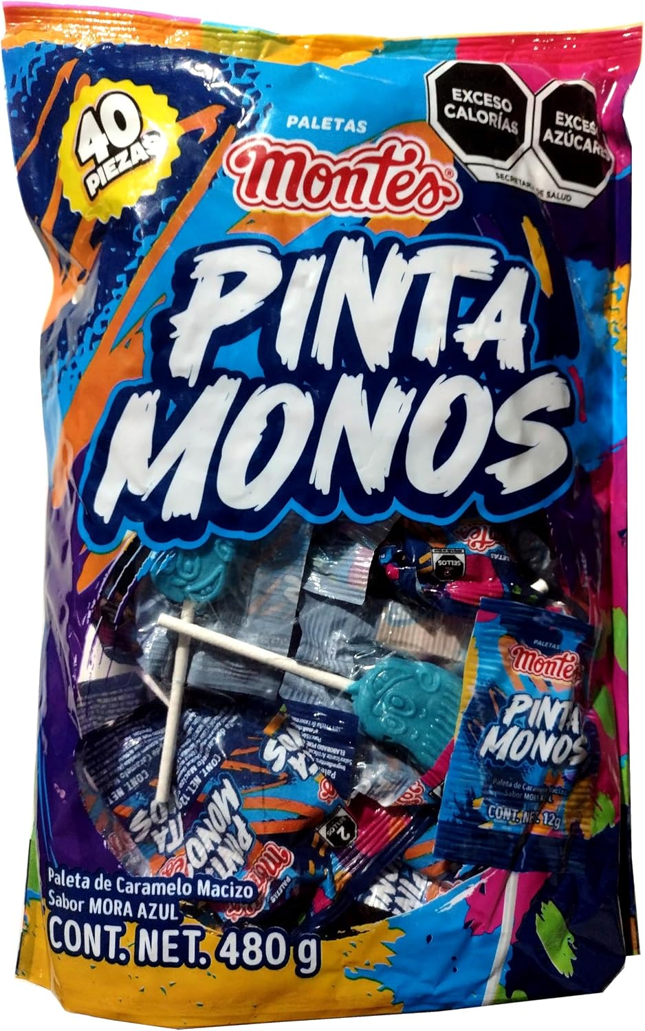 Montes Paleta Pinta Monos - Paleta de caramelo macizo sabor mora azul - 40 piezas - 480 g