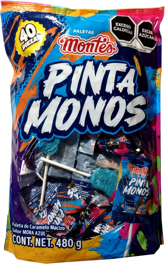Montes Paleta Pinta Monos - Paleta de caramelo macizo sabor mora azul - 40 piezas - 480 g