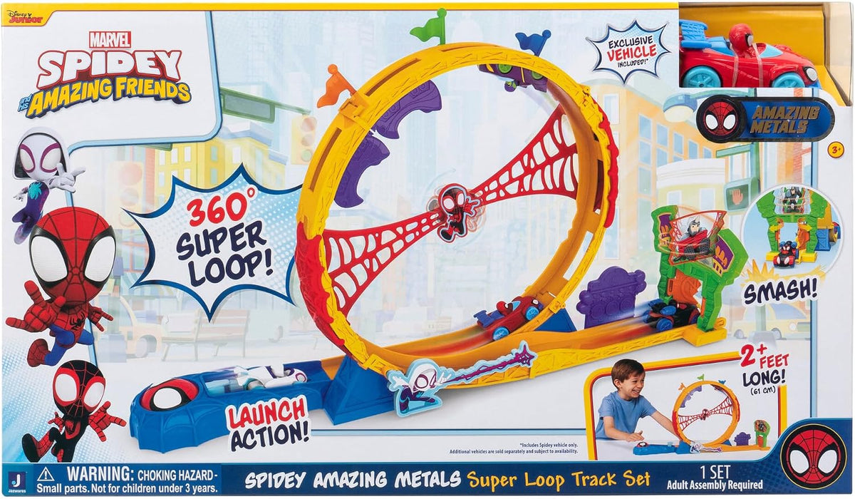 Marvel Spidey and His Amazing Friends Amazing Metals - Juego de Pistas de Carreras de 28 Pulgadas con Lanzador, súper Bucle de 360 Grados y Exclusivo vehículo de Metales increíbles