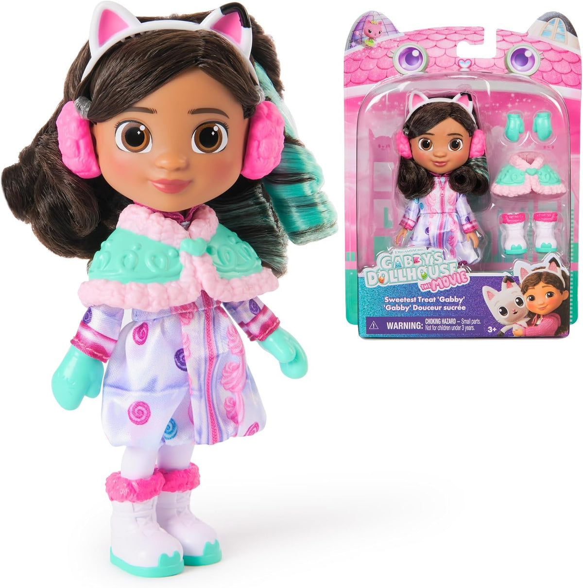 Gabby's Dollhouse: The Movie, Sweetest Treat Gabby, muñeca de 6 pulgadas, equipo de nieve con temática de confitería y accesorios, juguetes para niños para niñas y niños a partir de 3 años