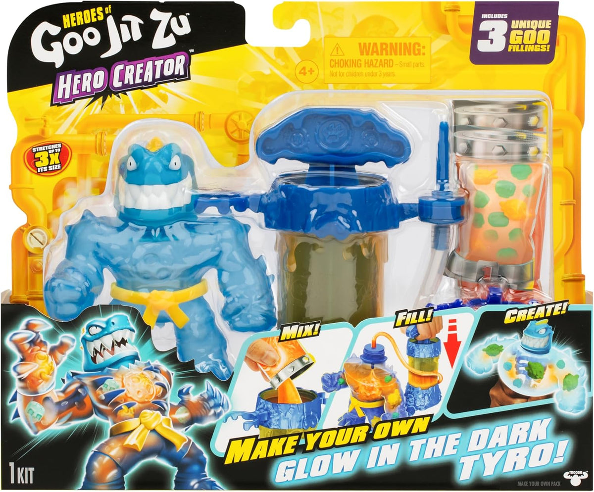 Goo JIT Zu Hero Creator Tyro 3 Rellenos únicos de Goo Mezcla, Llena y CREA tu Propia Brilla en la Oscuridad Figura Elástica para Niños Muñeco Estirable Original Bandai