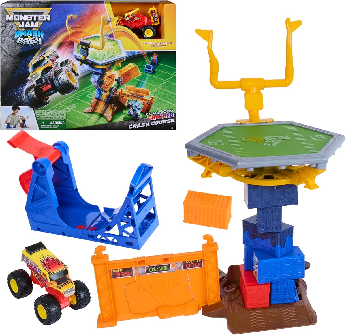 Pista Monster Jam Smash & Bash Crash Course con Lanzador, camioneta Monster Truck Exclusiva 1:64, Torre de obstáculos de 16 Pulgadas con trampolín, Juguete para niños y niñas de 3 años en adelante