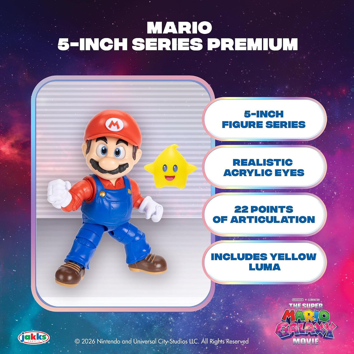 Jakks Pacific Super Mario Galaxy Movie Figura Mario 5 Pulgadas con Estrella Luma Que Brilla en la Oscuridad, 22 Puntos de Articulación, Ojos Acrílicos, Coleccionable, +3 Años