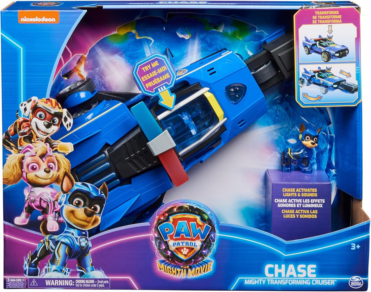 Paw Patrol: La Superpelícula, Vehículo de Lujo con Figura de acción de Chase de los Mighty Pups, Luces y Sonidos
