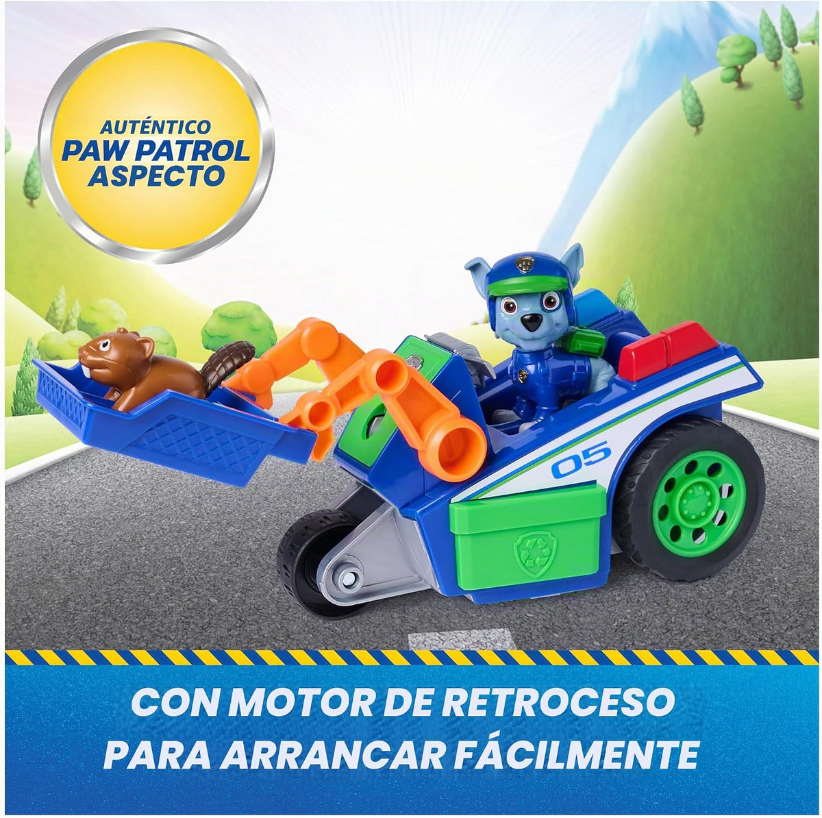 Paw Patrol: Search & Rescue, vehículo de Reciclaje y Rescate de Rocky con 2 Figuras, vehículo de Juguete con función de propulsión, Juguetes para niños y niñas a Partir de 3 años