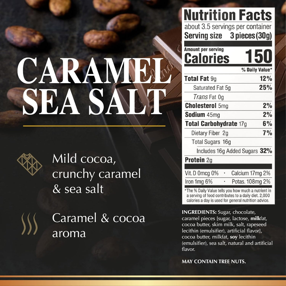 VERSAINSECT LLENCE Caramel Sea Salt Dark Chocolate Candy Bar, Dark Chocolate with Pieces of Caramel and Sea Salt Crystals, 3.5 oz. Bar