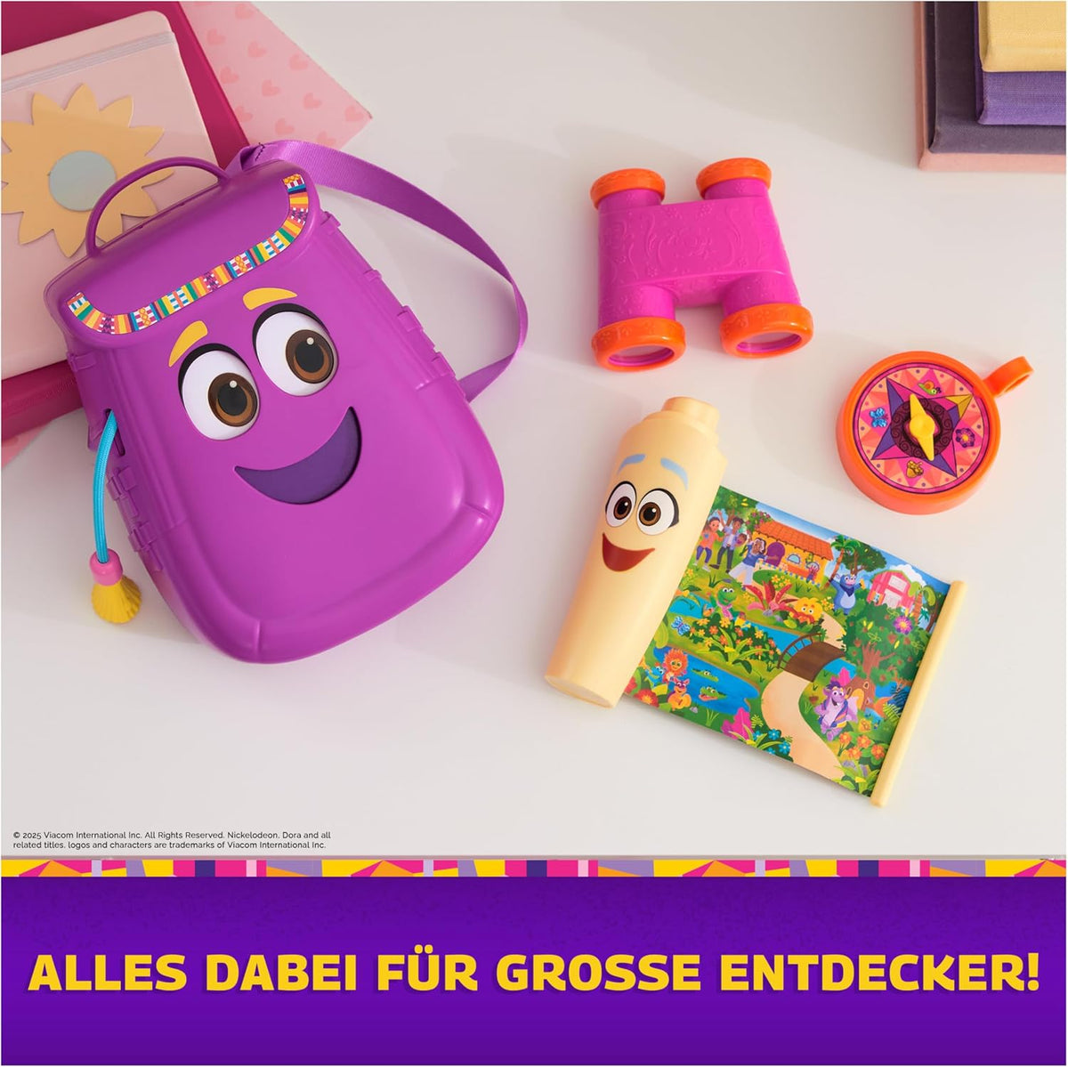 Dora, Mi Mochila de Aventuras, con Accesorios de exploración‚ un Mapa desplegable y una brújula y Unos prismáticos de Juguete, Juguetes para niñas y niños a Partir de 3 años