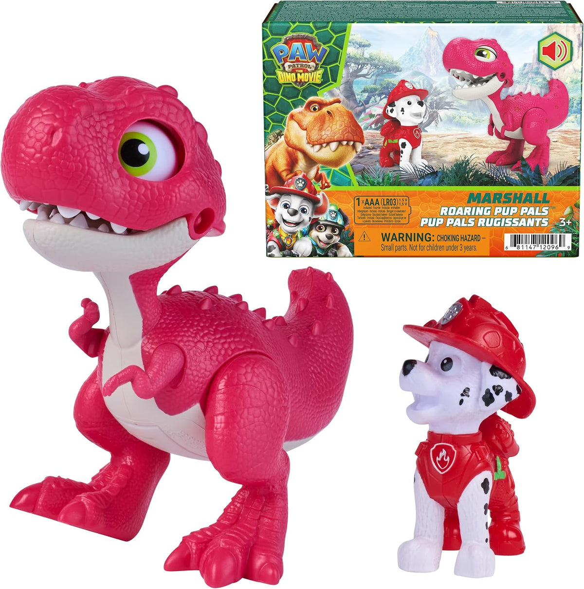 Paw Patrol: The Dino Movie Incluye Juguete de Dinosaurio articulado Tomatito de 10,1 cm con Sonidos y Figura de acción de Marshall, Juguetes para niños y niñas preescolares, a Partir de 3 años