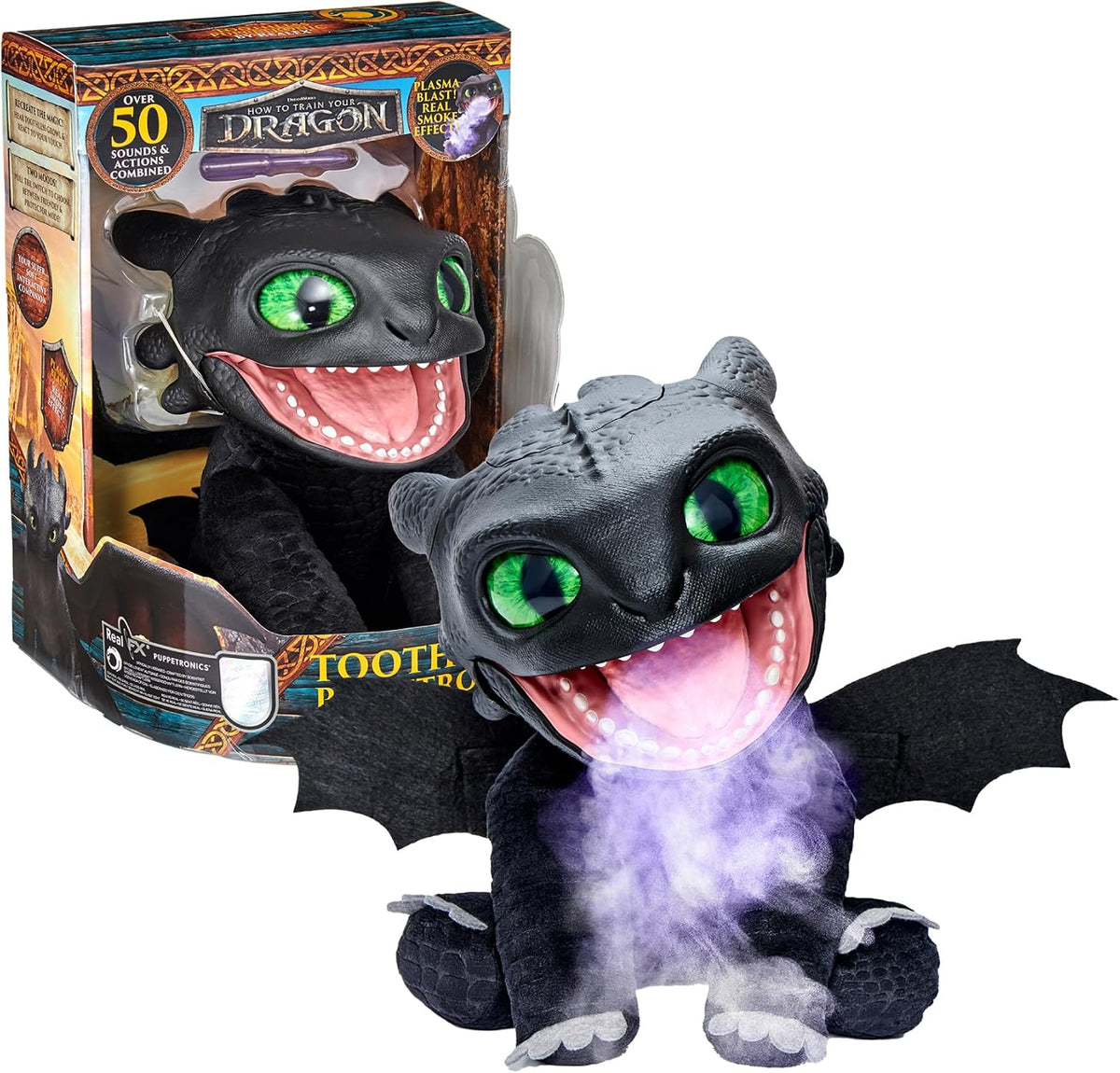 Famosa Chimuelo Puppetronic Real FX Cómo Entrenar a tu dragón, marioneta electrónica de 30 cm, +50 reacciones y Sonidos, Efectos de Humo y Fuego (RE00000)