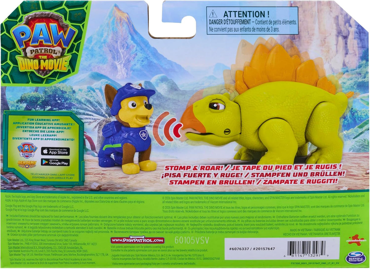 Paw Patrol: The Dino Movie, Incluye Juguete de Dinosaurio estegosaurio articulado de 10,1 cm con Sonidos y Figura de acción de Chase, Juguetes para niños y niñas preescolares, a Partir de 3 años