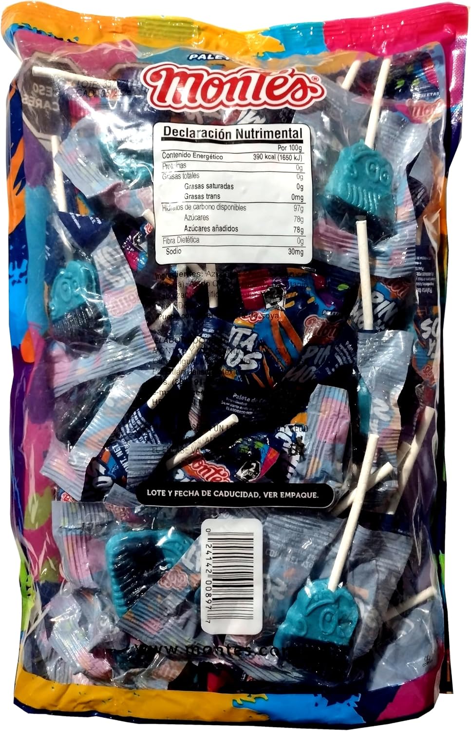 Montes Paleta Pinta Monos - Paleta de caramelo macizo sabor mora azul - 40 piezas - 480 g